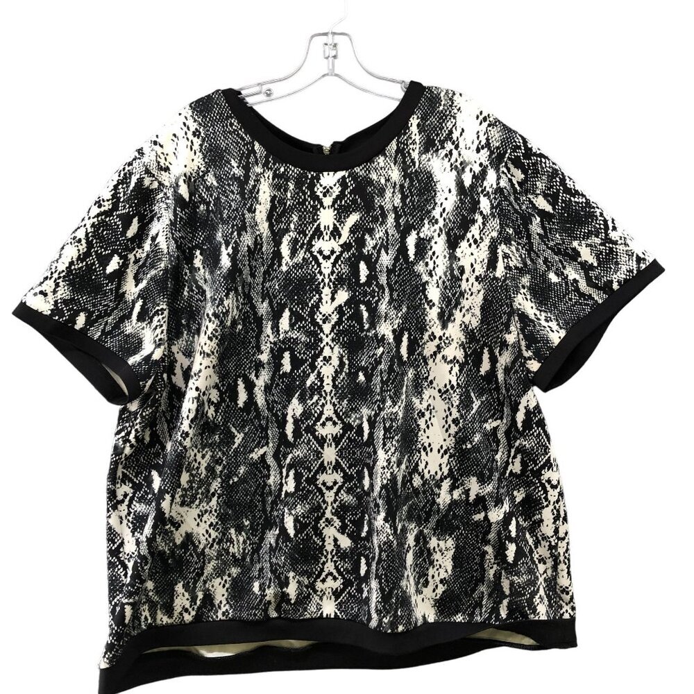 Calvin Klein Animal Print Top Womens 2X Short Sleeve Blouse Black Ivory Crewneck